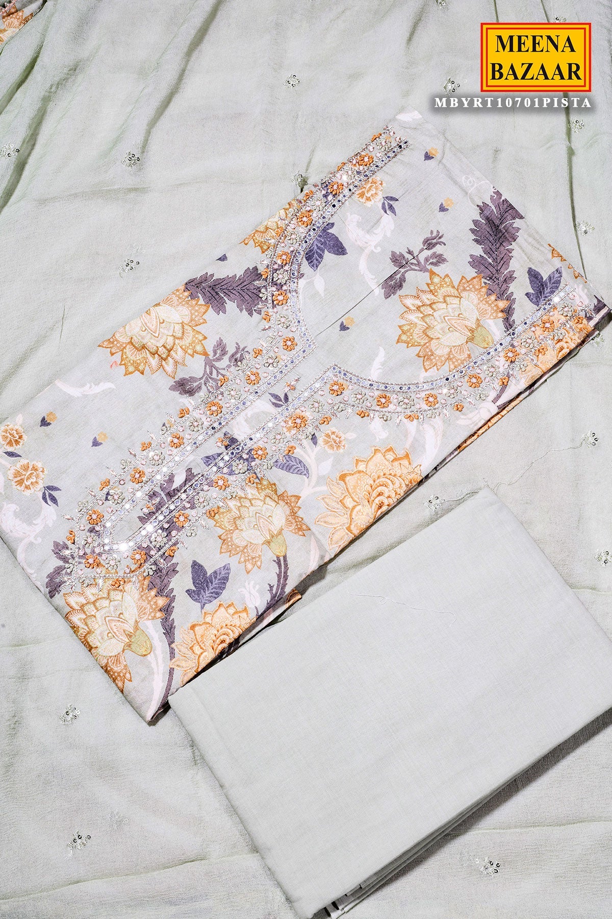 Pista Cotton Unstitched Suit with Elegant Embroidery