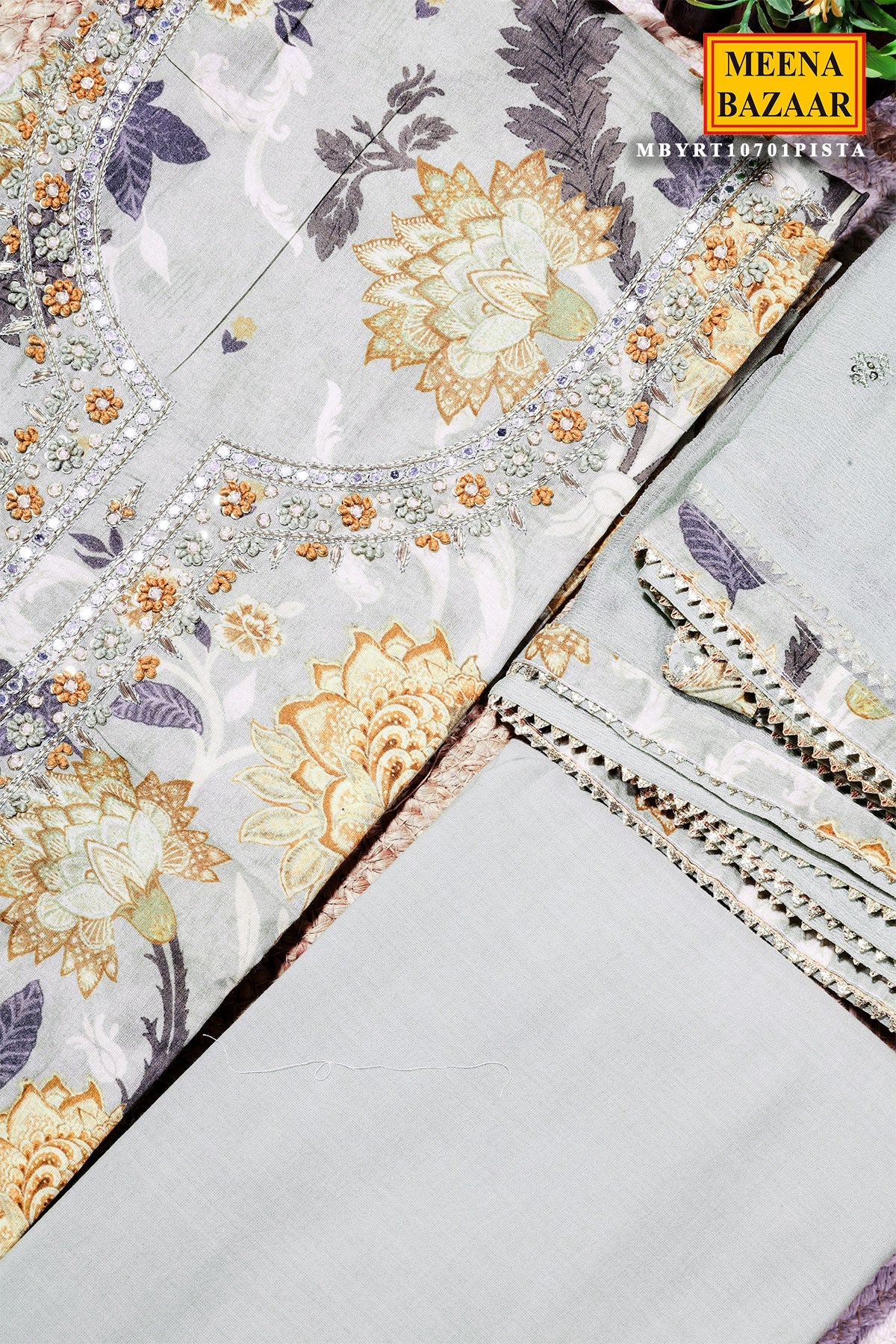 Pista Cotton Unstitched Suit with Elegant Embroidery