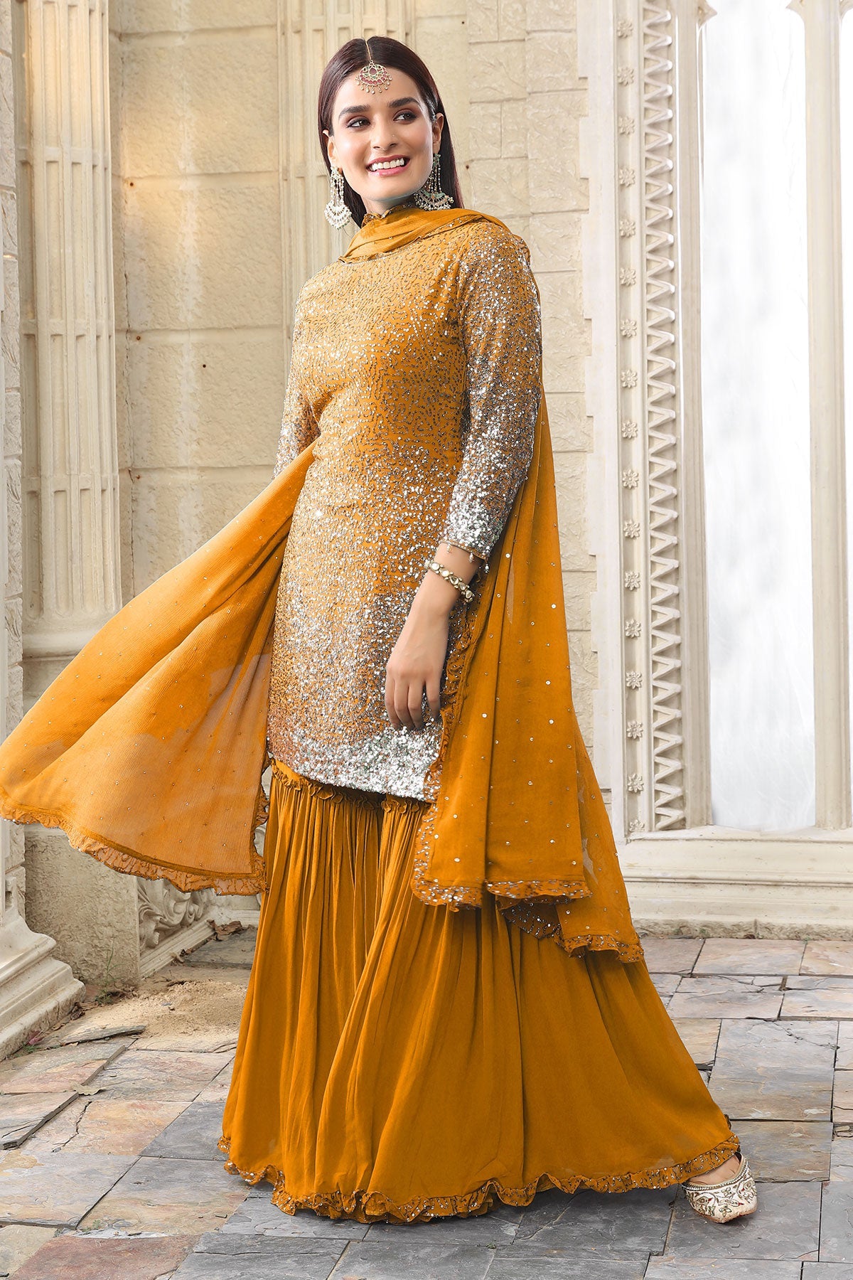 Mustard Georgette Sequins Embroidered Gharara Suit Set