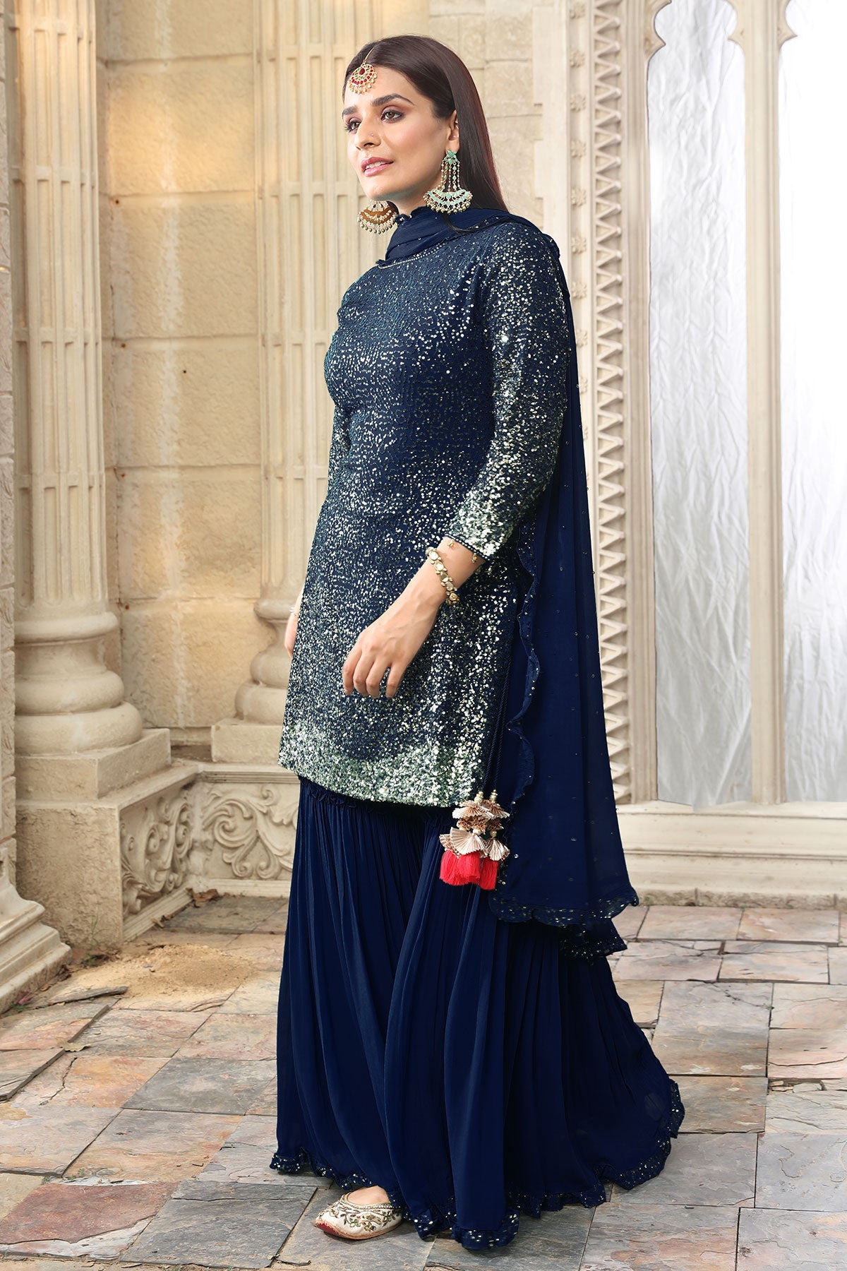 Navy Georgette Sequins Embroidered Gharara Suit Set