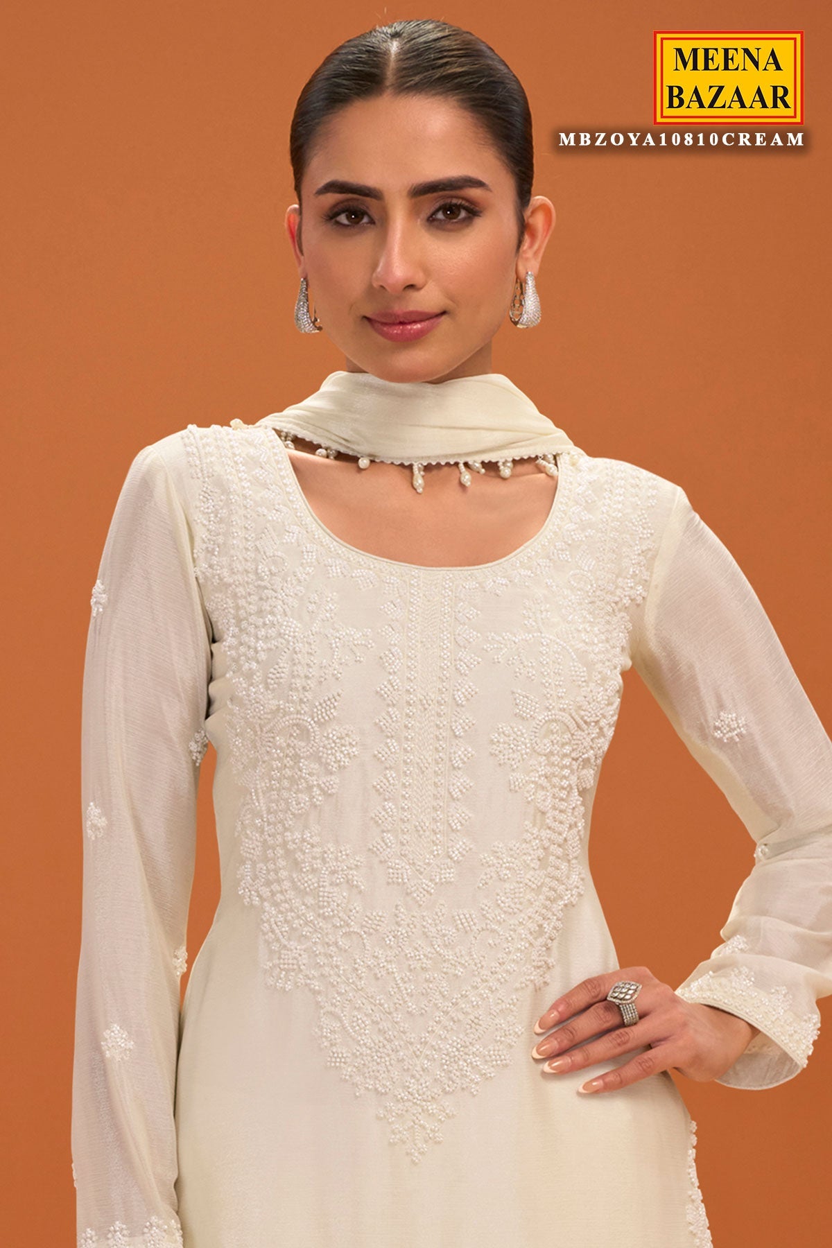 Cream Chinon Embroidered Ready Made Suit - Elegant Festive Wear