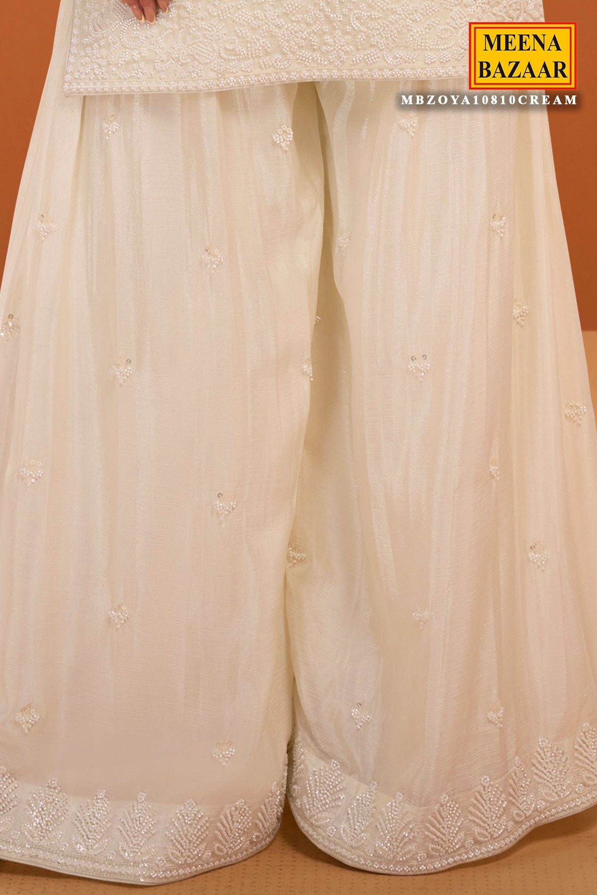 Cream Chinon Embroidered Ready Made Suit - Elegant Festive Wear