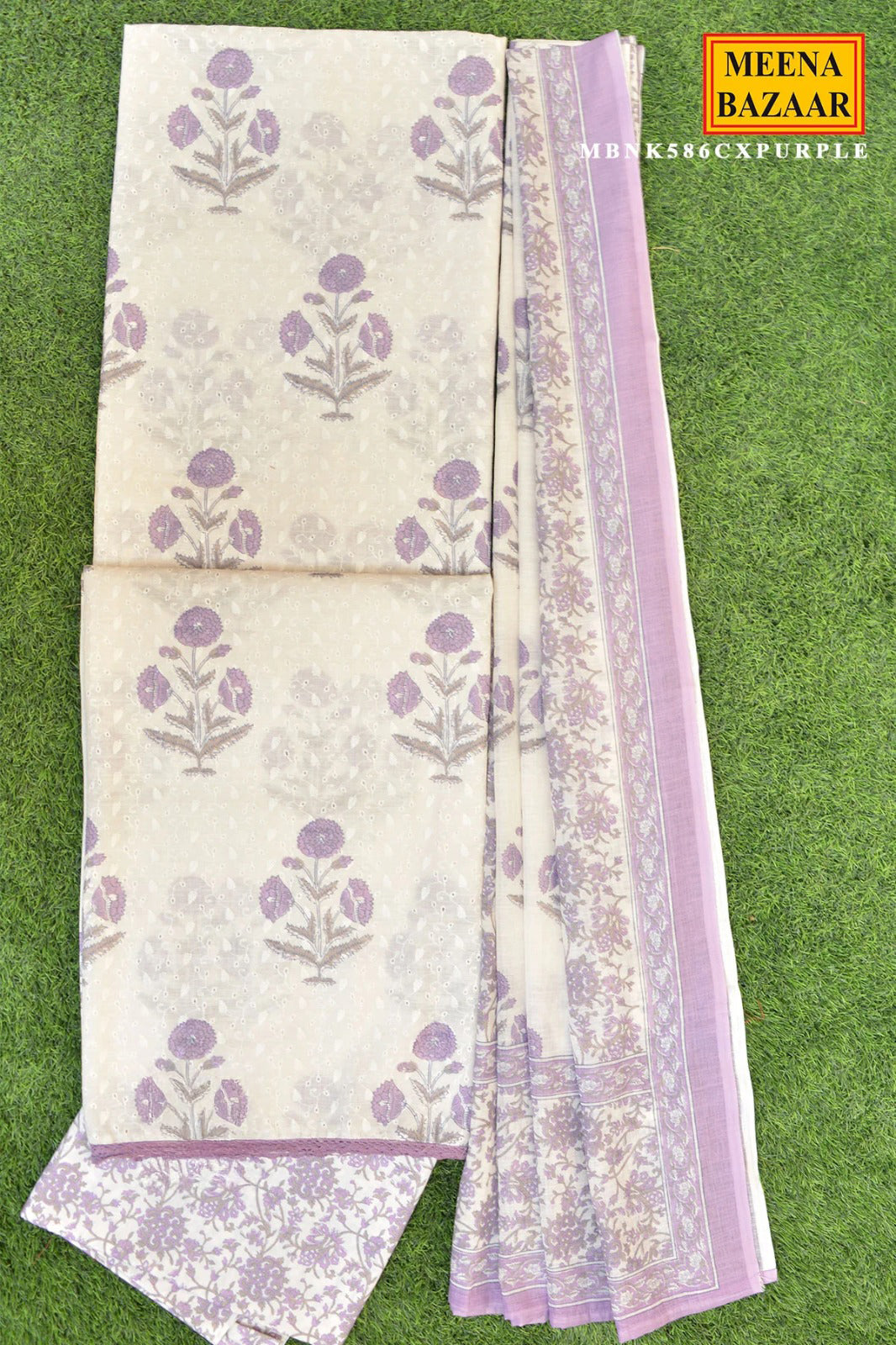 Purple Bloom Printed Cotton Suit Set with Dupatta