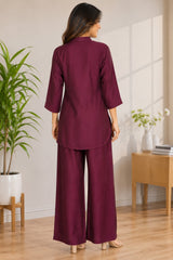 Wine Embroidered Rayon Kurti